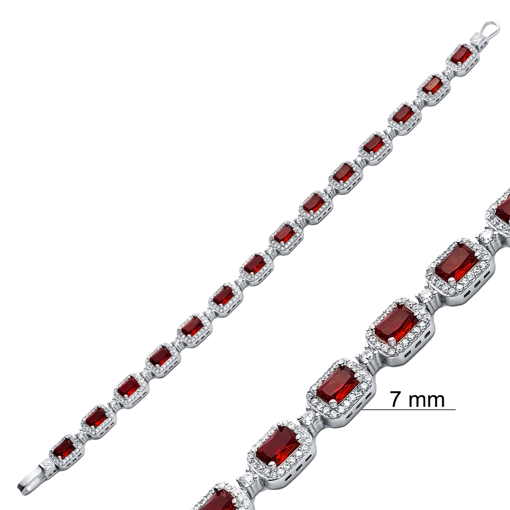 CZ Stone Garnet Rectangle Shape 925 Silver Tennis Bracelet