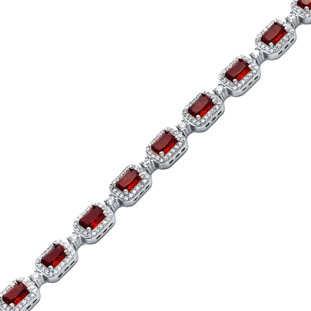 CZ Stone Garnet Recktangle Shape Tennis Bracelet Wholesale 925 Silver