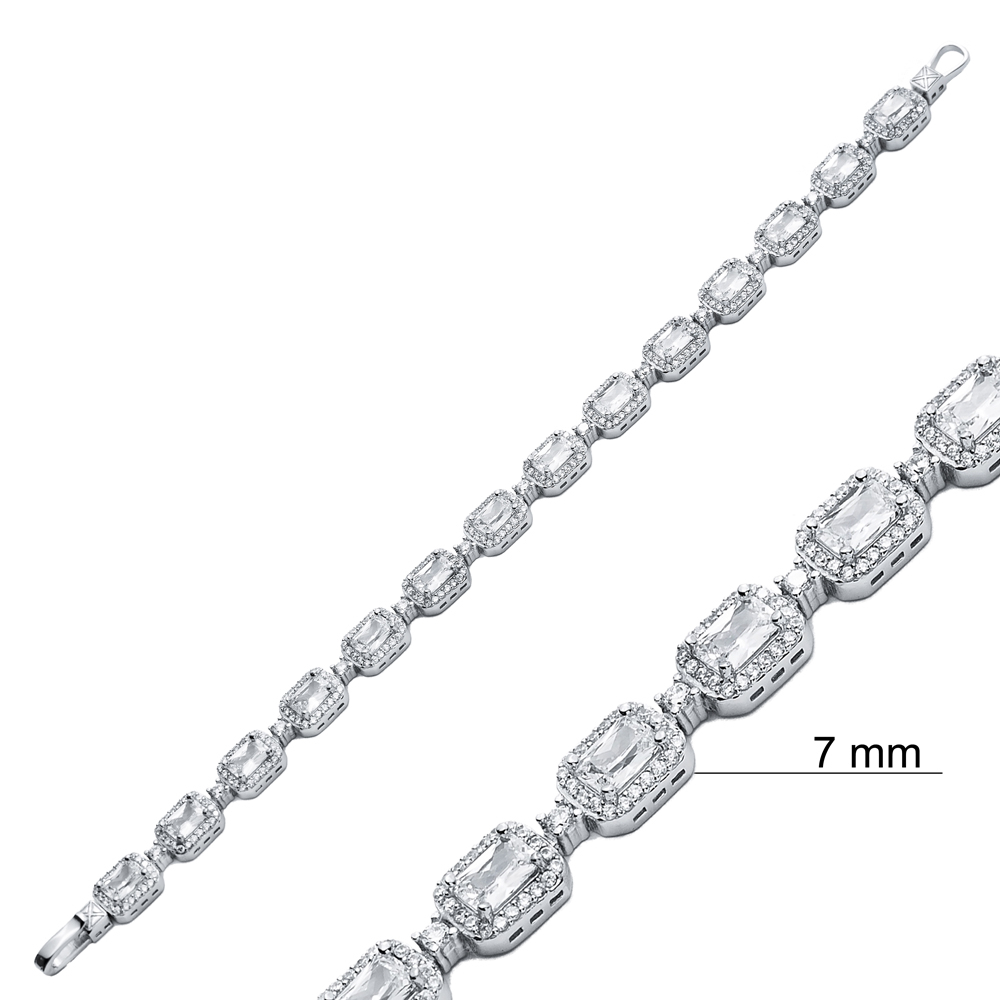 Elegant Rectangle Shape White CZ Stone Silver Tennis Bracelet