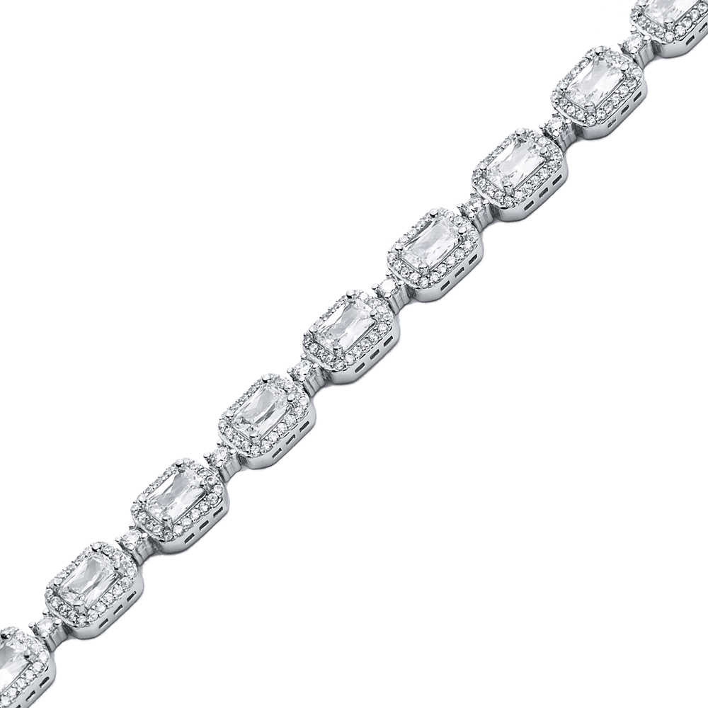 Elegant Rectangle Shape White CZ Stone Silver Tennis Bracelet