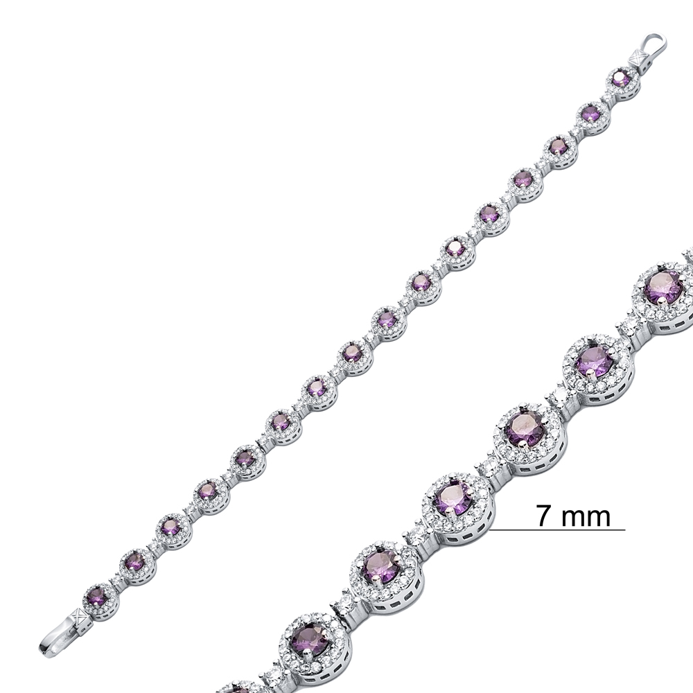 925 Dainty Amethyst Round Shape Zircon Stone Silver Tennis Bracelet