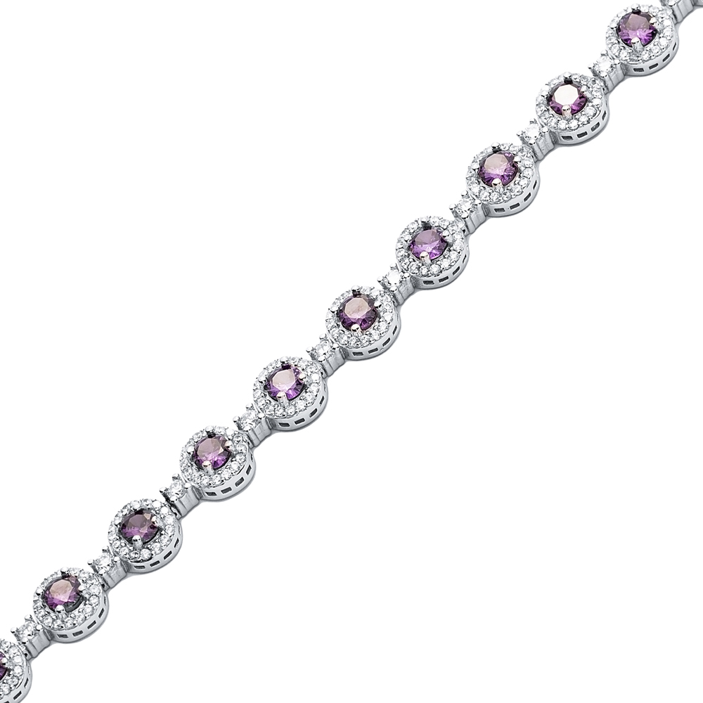 925 Dainty Amethyst Round Shape Zircon Stone Silver Tennis Bracelet