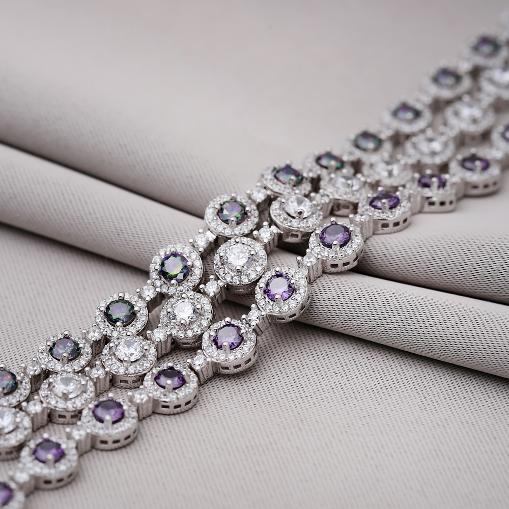 925 Dainty Amethyst Round Shape Zircon Stone Silver Tennis Bracelet