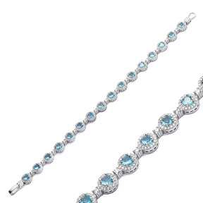 Glamorous Aquamarine CZ Round Shape Silver Tennis Bracelet