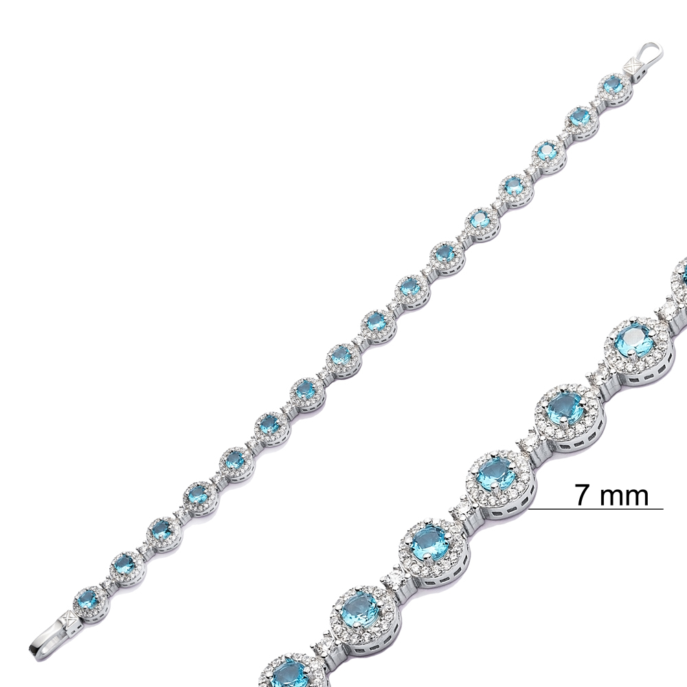 Glamorous Aquamarine CZ Round Shape Silver Tennis Bracelet