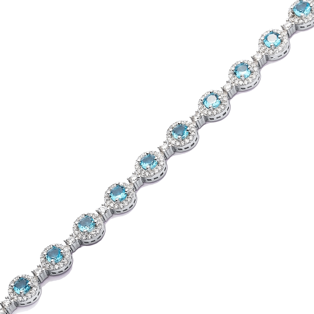 Glamorous Aquamarine CZ Stone Round Shape Tennis Bracelet 925 Silver