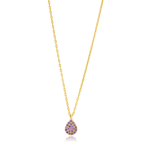 Pear Amethyst CZ Stone Turkish Sterling Silver Charm Necklace