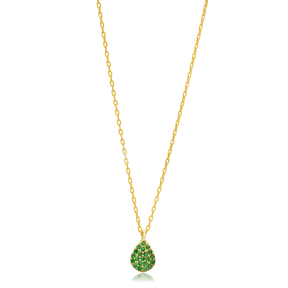 Pear Emerald CZ Stone Turkish Sterling Silver Charm Necklace
