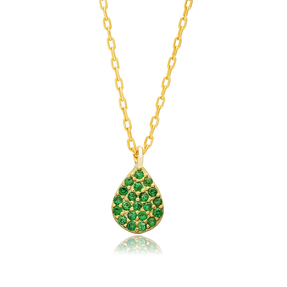 Pear Emerald CZ Stone Turkish Sterling Silver Charm Necklace