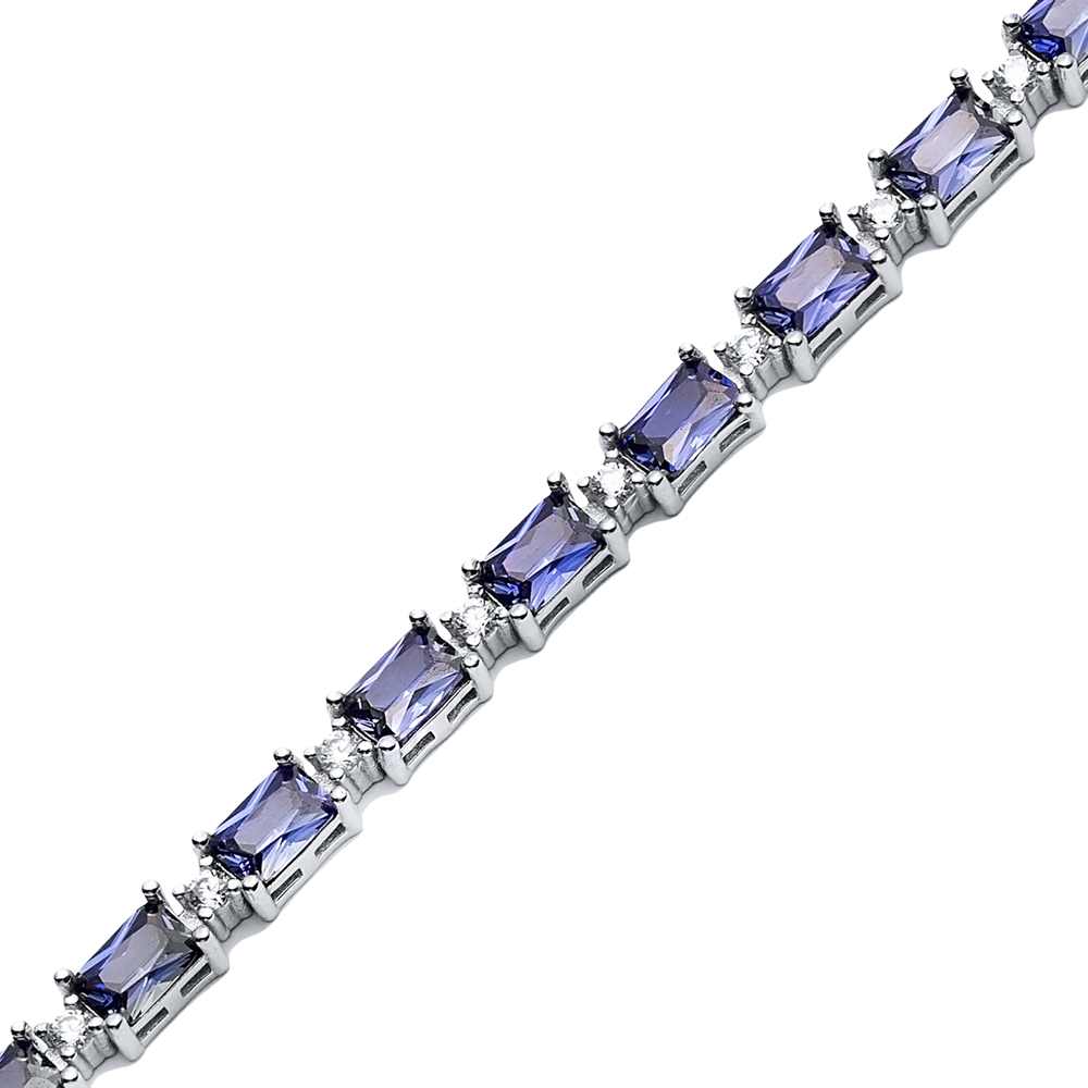 Tanzanite CZ Stone Baguette Design Silver Tennis Bracelet