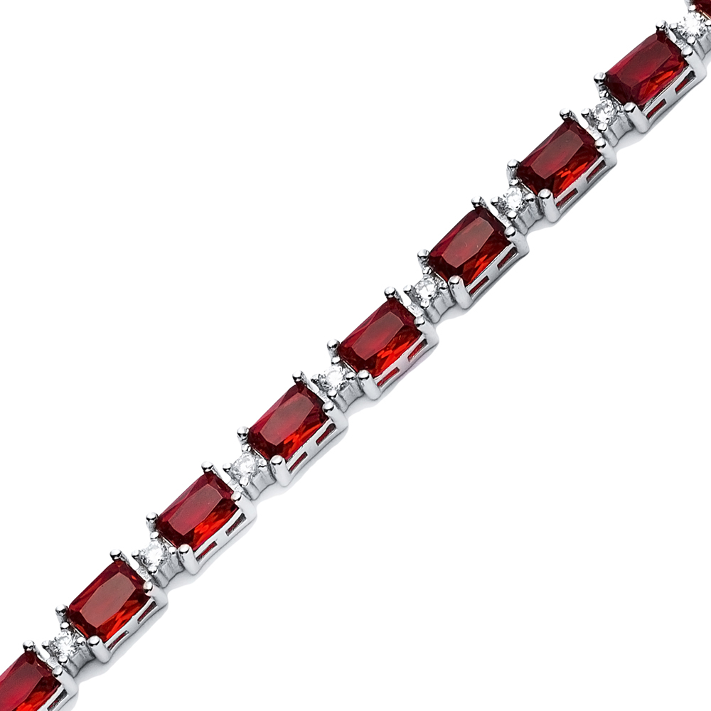 Garnet CZ Stone Baguette Design Silver Tennis Bracelet