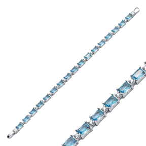 Aquamarine CZ Stone Baguette Design Silver Tennis Bracelet