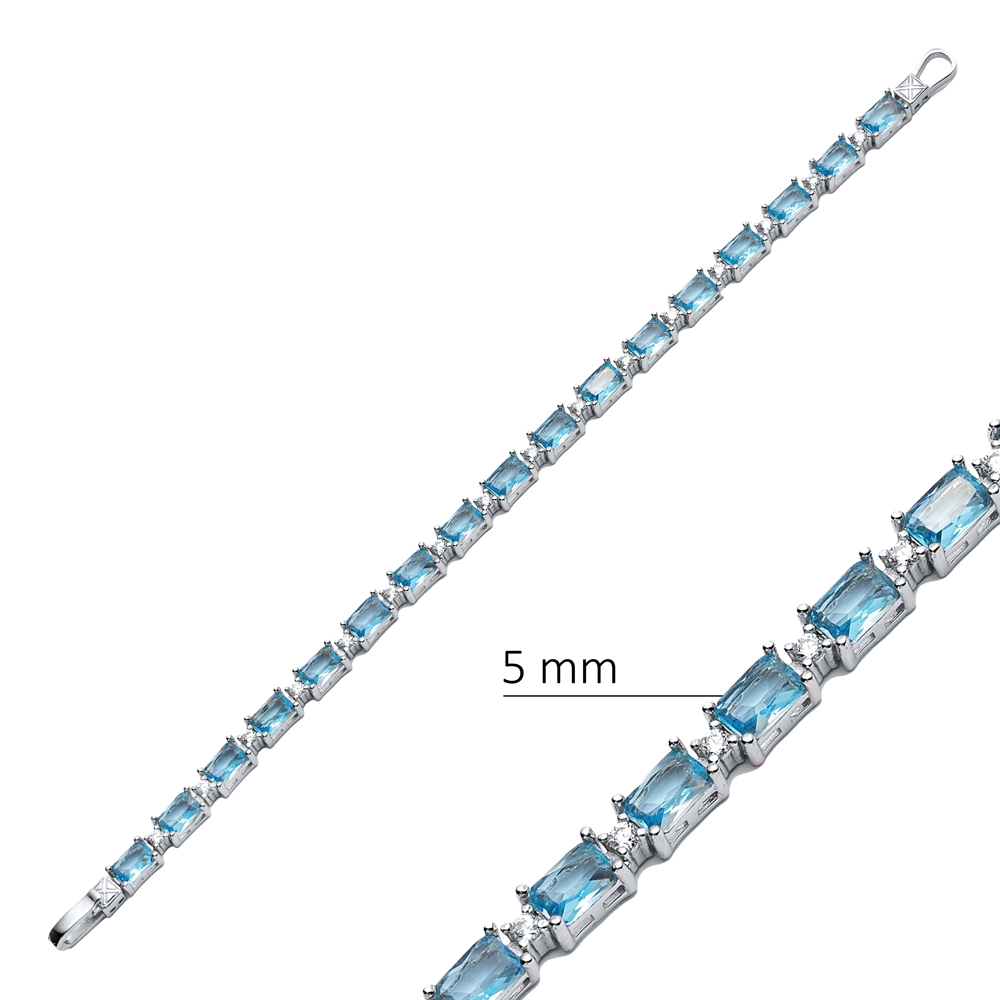 Aquamarine CZ Stone Baguette Design Silver Tennis Bracelet