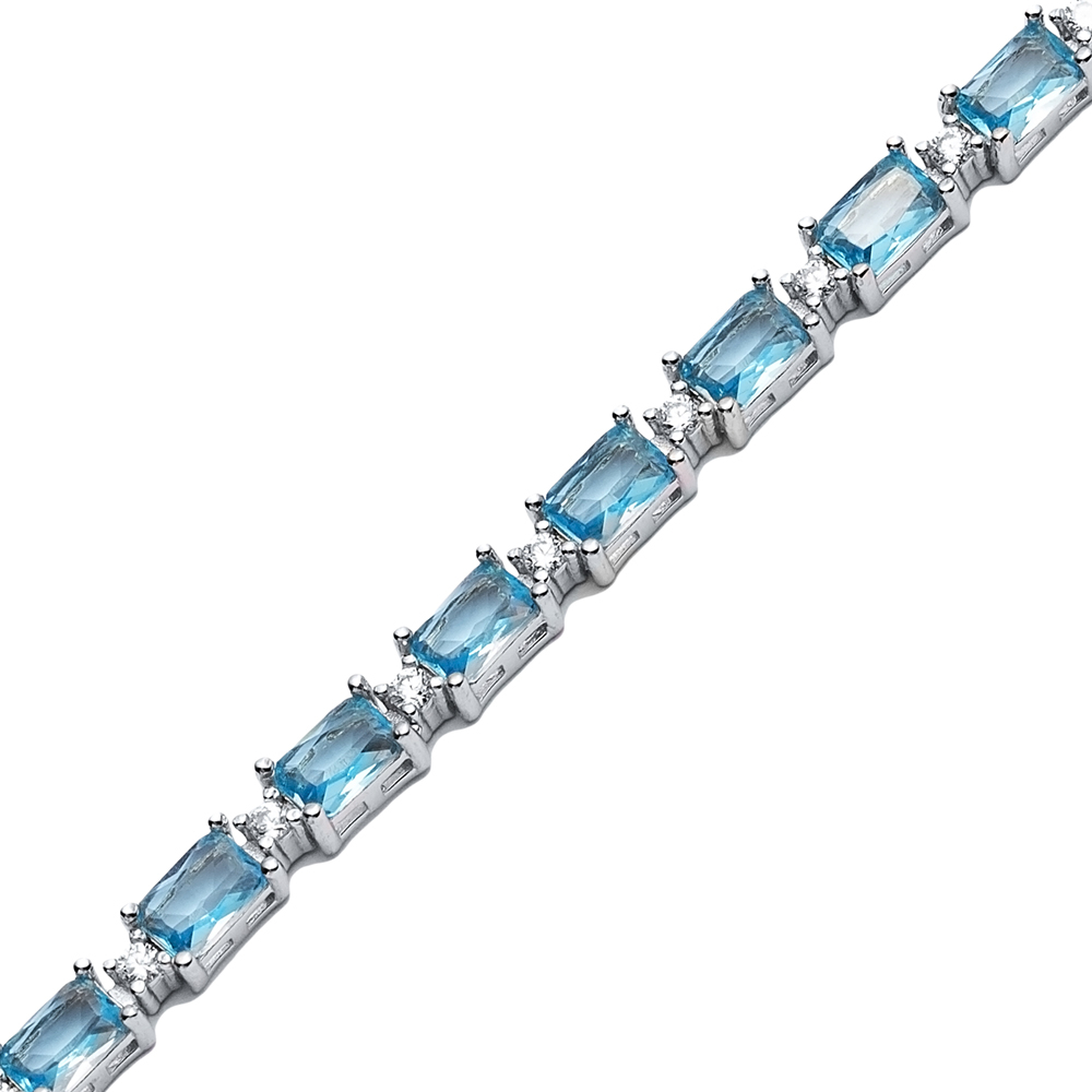 Aquamarine CZ Stone Baguette Design Silver Tennis Bracelet