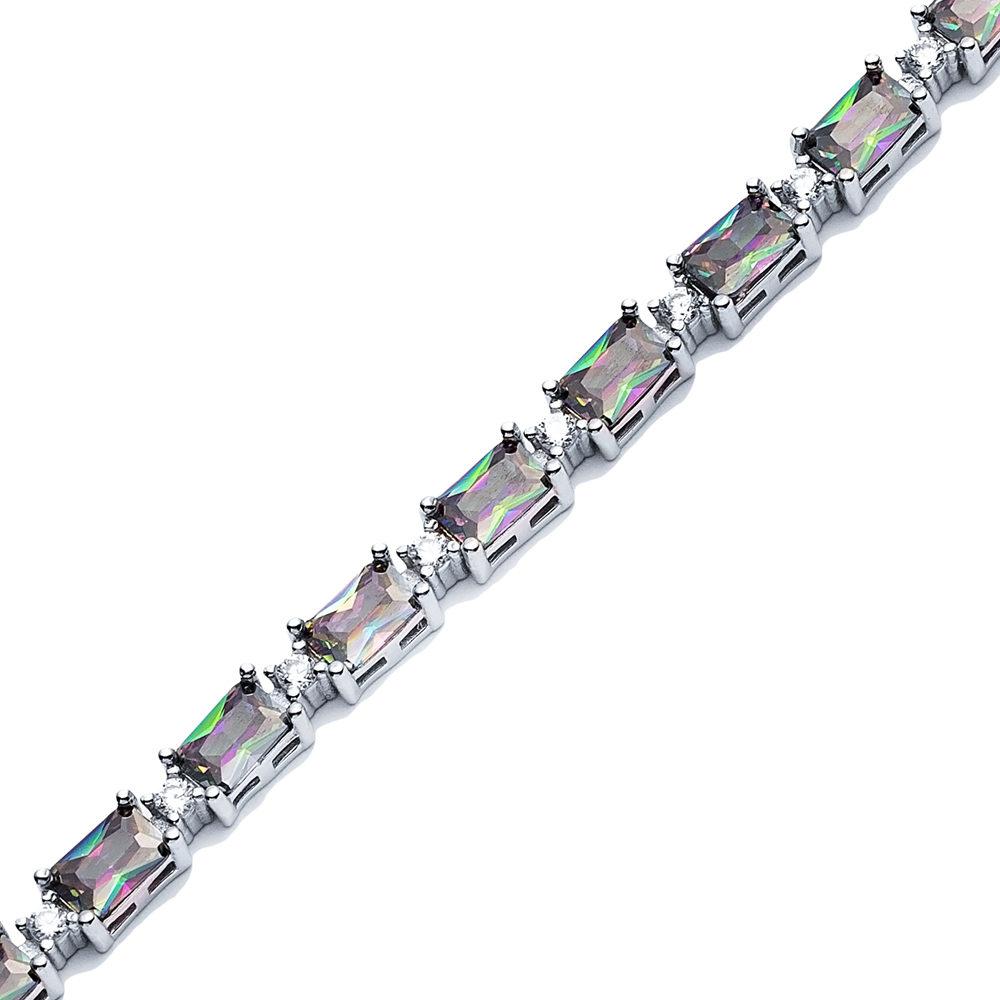 Mystic Topaz CZ Stone Baguette Design Silver Tennis Bracelet