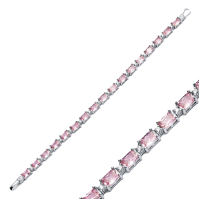 Pink CZ Stone Baguette Design Silver Tennis Bracelet