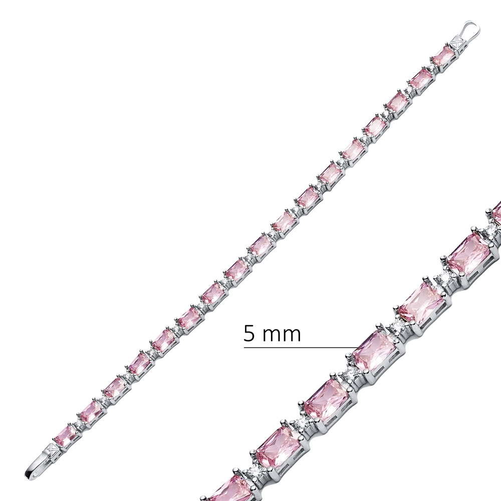 Pink CZ Stone Baguette Design Silver Tennis Bracelet