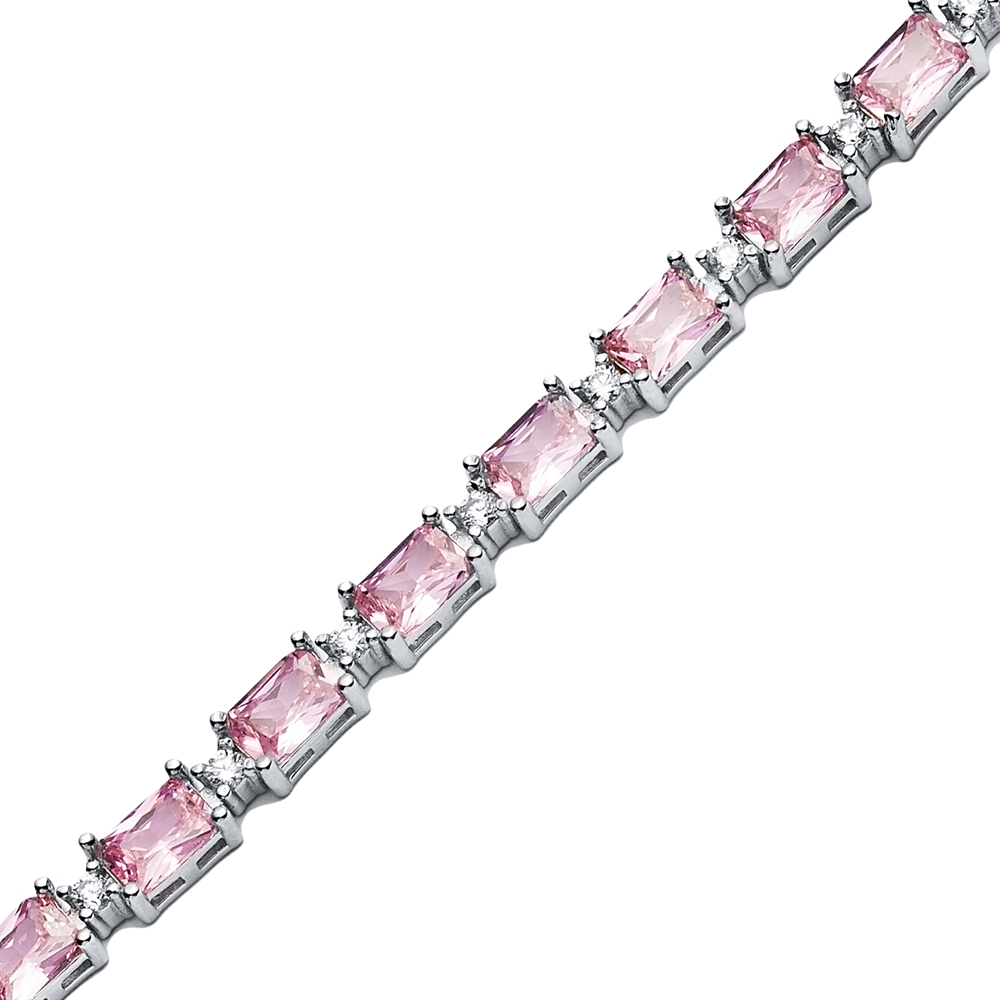 Pink CZ Stone Baguette Design Silver Tennis Bracelet