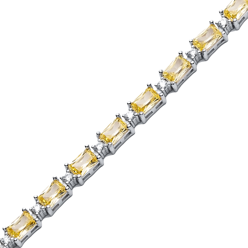 Citrine CZ Stone Baguette Design Silver Tennis Bracelet