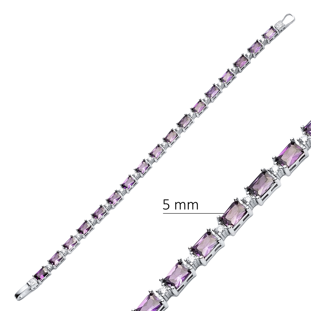 Amethyst CZ Stone Baguette Design Silver Tennis Bracelet