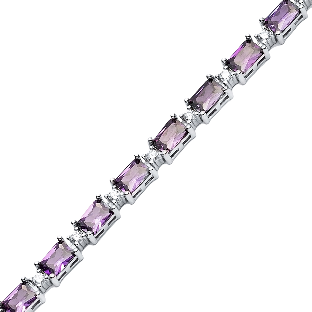 Amethyst CZ Stone Baguette Design Silver Tennis Bracelet