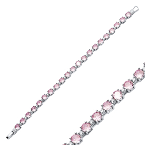 Elegant Round Design Pink CZ Stone Silver Tennis Bracelet