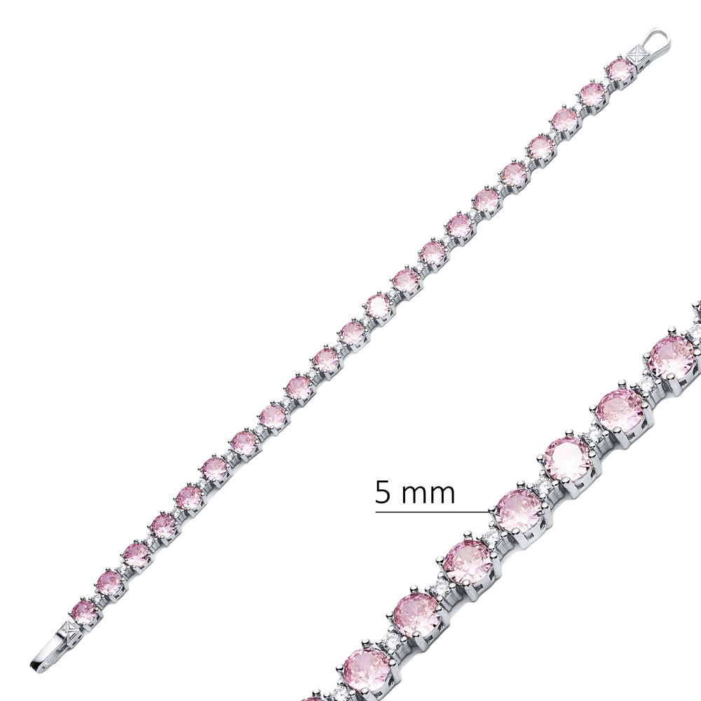 Elegant Round Design Pink CZ Stone Silver Tennis Bracelet