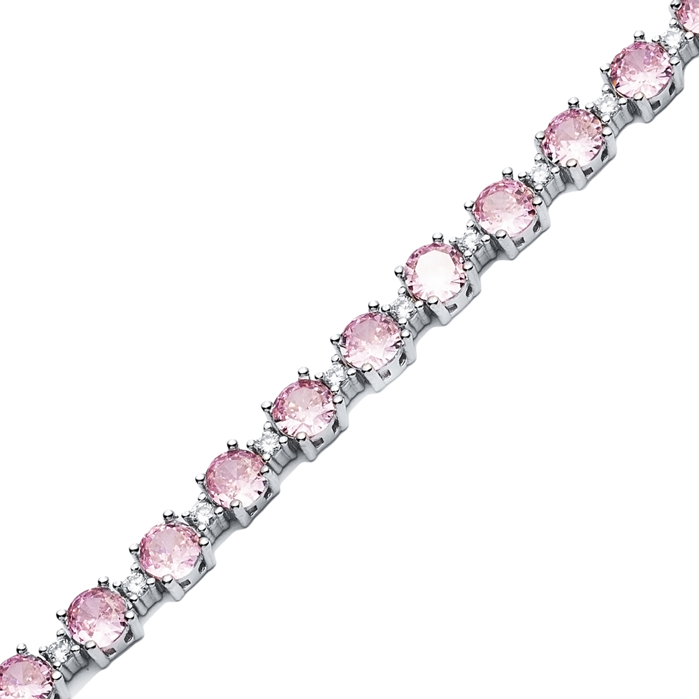 Elegant Round Design Pink CZ Stone Silver Tennis Bracelet