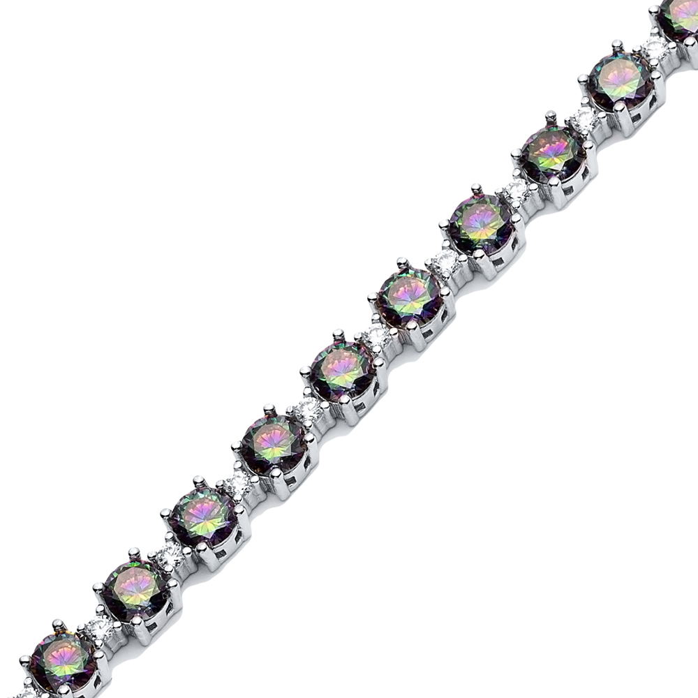 Mystic Topaz CZ Stone Round Design Sterling Silver Tennis Bracelet