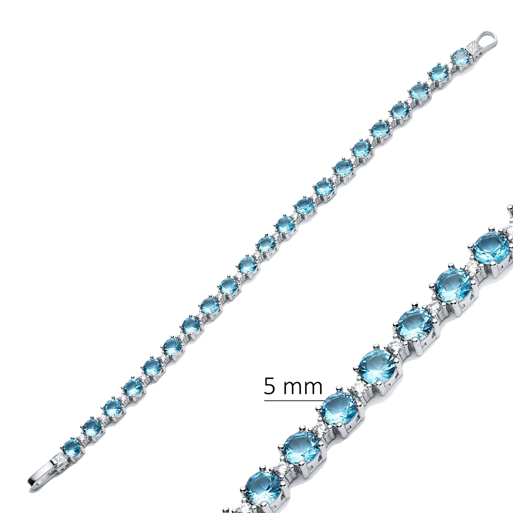 Aquamarine CZ Stone Round Design 925 Silver Tennis Bracelet