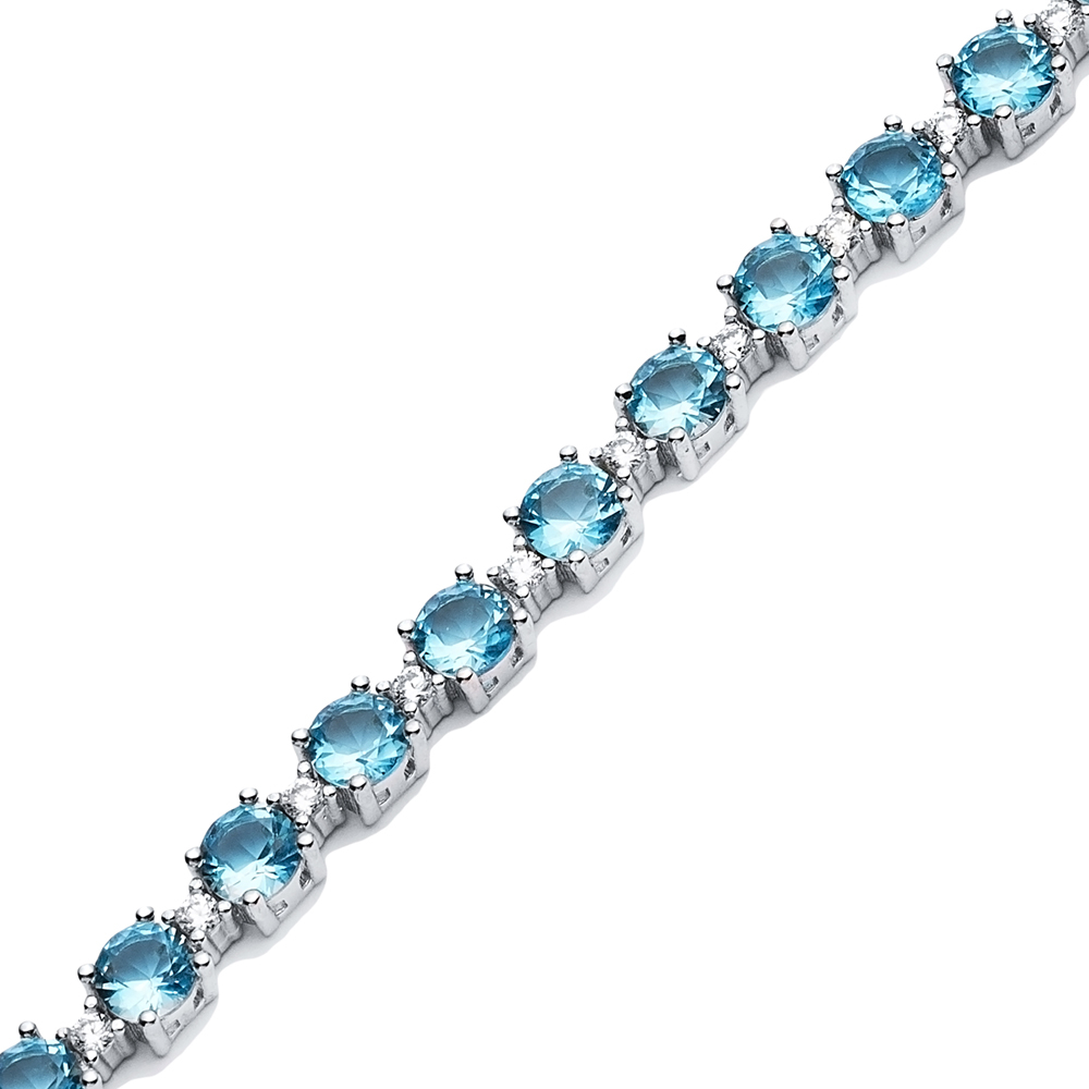 Aquamarine CZ Stone Round Design 925 Silver Tennis Bracelet