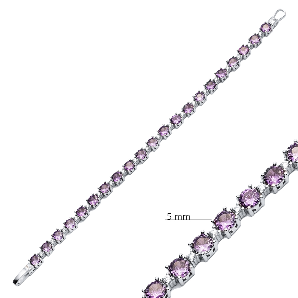 Amethyst CZ Stone Round Design Silver Tennis Bracelet