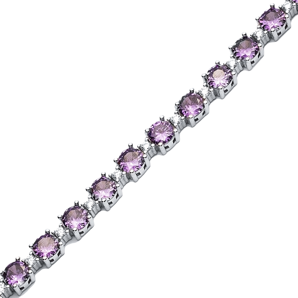 Amethyst CZ Stone Round Design Silver Tennis Bracelet