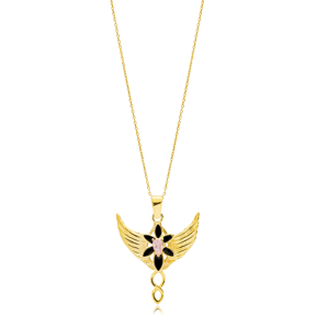 Phoenix Design Black Enamel Pear CZ Stone Silver Charm Necklace