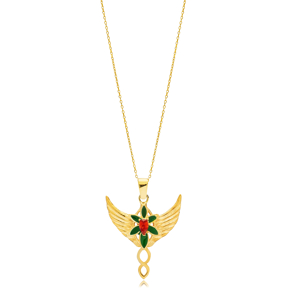 Phoenix Design Green Enamel Pear CZ Stone Silver Charm Necklace