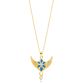 Blue Enamel Phoenix Design Pear CZ Stone Silver Charm Necklace