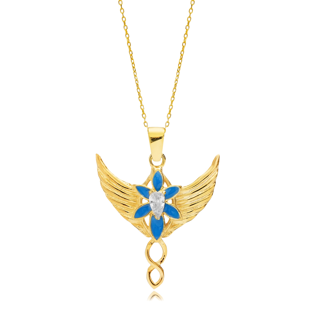 Blue Enamel Phoenix Design Pear CZ Stone Silver Charm Necklace