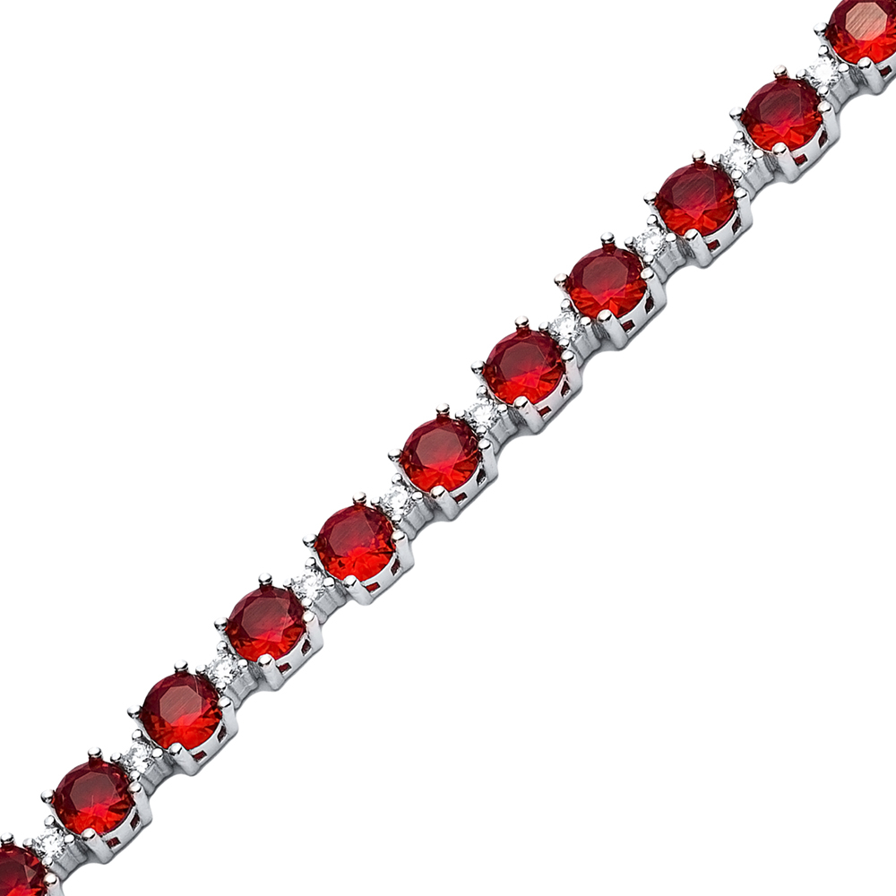 Garnet CZ Stone Round Design Silver Tennis Bracelet