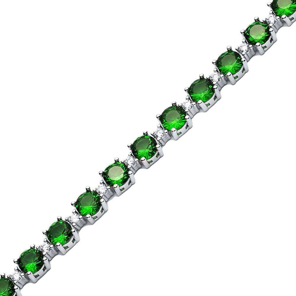 Emerald CZ Stone Round Shape Silver Tennis Bracelet