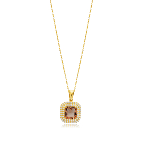 Square Design Zultanite CZ Stone Silver Charm Necklace