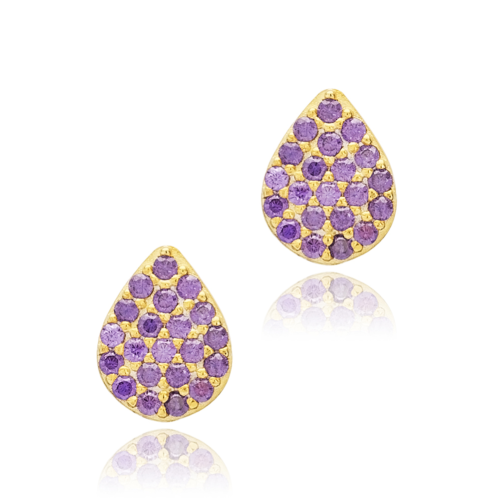 Amethyst CZ Pear Shape Sterling Silver Stud Earrings