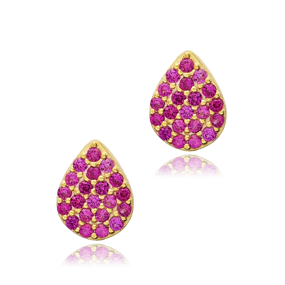 Ruby CZ Pear Design Silver Stud Earrings