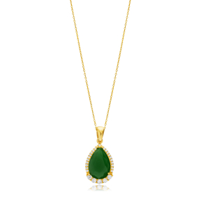 Pear Design Green CZ Stone Silver Charm Necklace Pendant