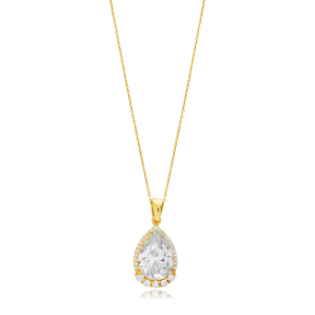 Pear Design White CZ Stone Silver Charm Necklace Pendant