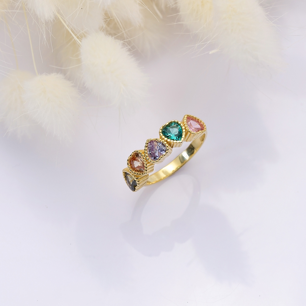 Colorful Heart CZ Stones Cluster Silver Ring