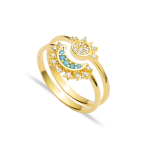 Moon and Sun Turquoise CZ Silver Cluster Ring