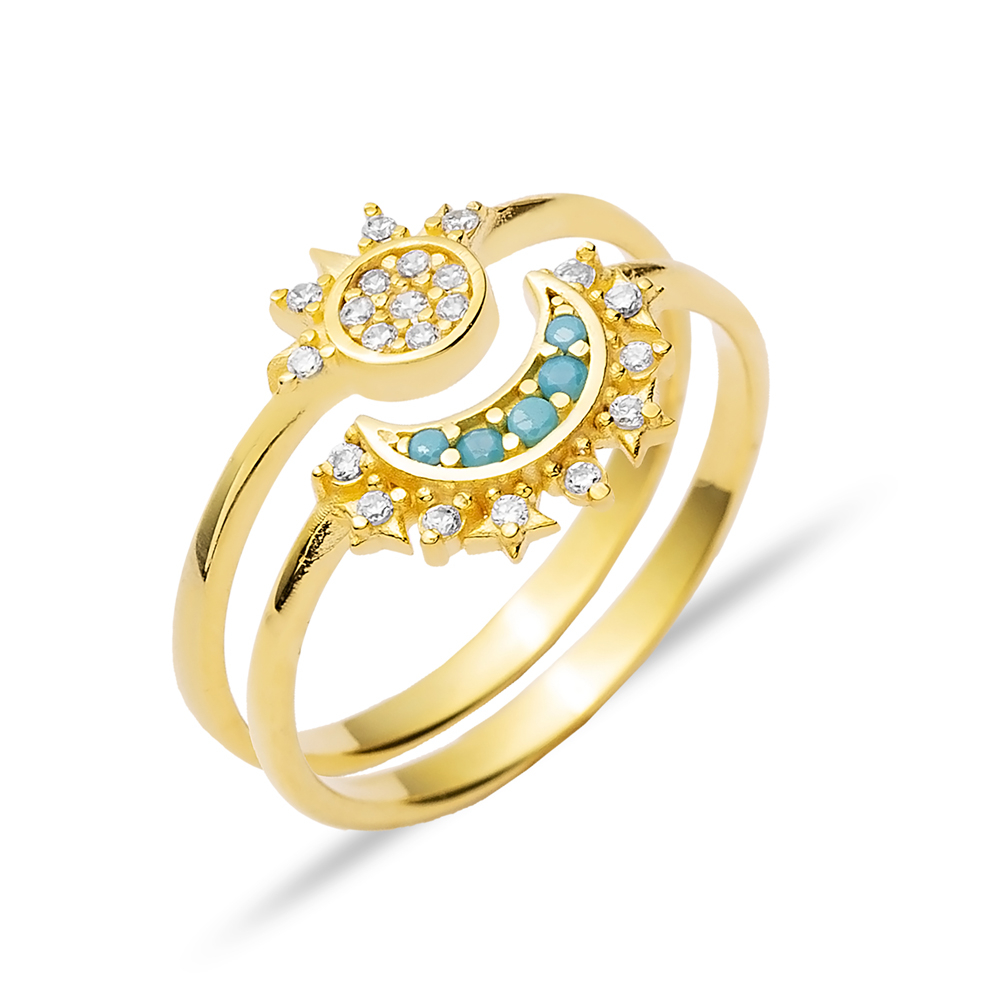 Moon and Sun Turquoise CZ Silver Cluster Ring