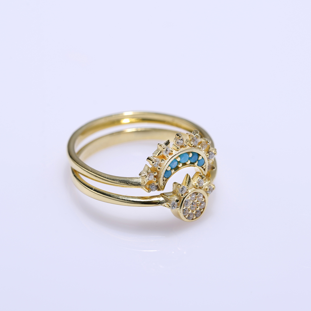 Moon and Sun Turquoise CZ Silver Cluster Ring