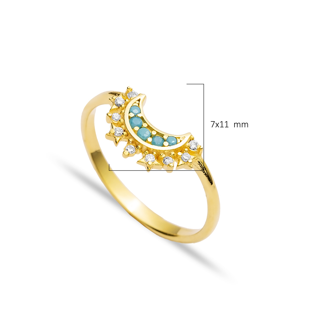 Moon Design Turquoise CZ Silver Cluster Ring