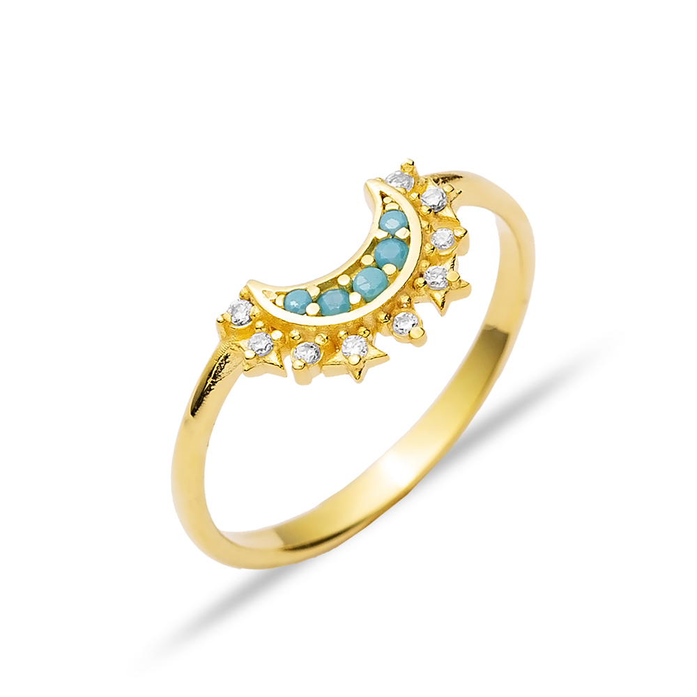 Moon Design Turquoise CZ Silver Cluster Ring